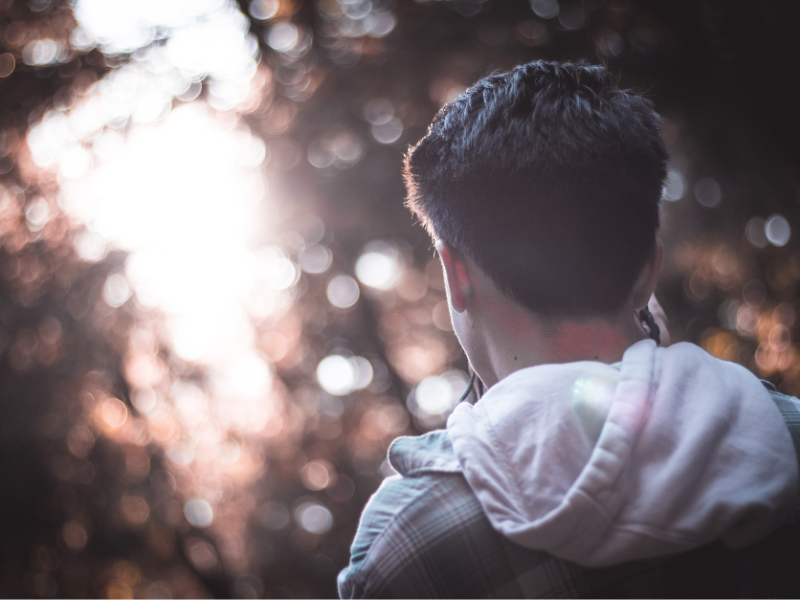 The back of a young man's head staring into the sunset